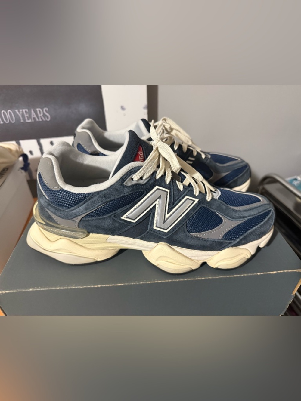 New Balance Navy Blue and Cream Retro Running Sneakers